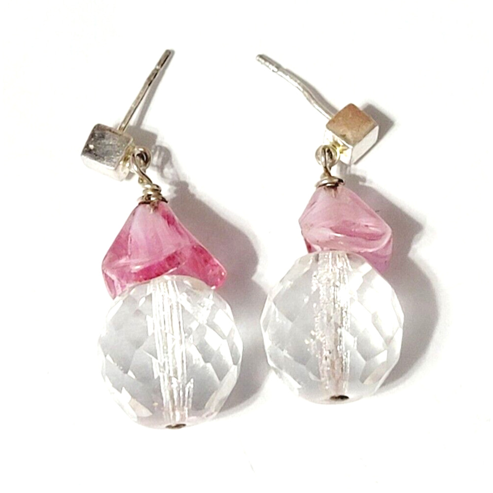 Vintage Dangle Pierced Earrings Faceted Glass, Pink Clear, 11/8" Long rp-52